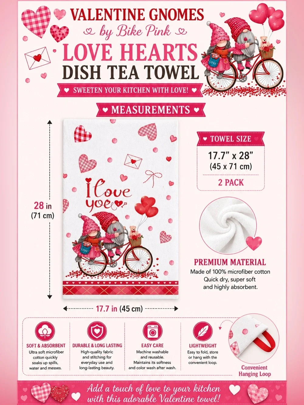 Valentine Gnomes by Bike Pink Love Hearts Dish Tea Towel
